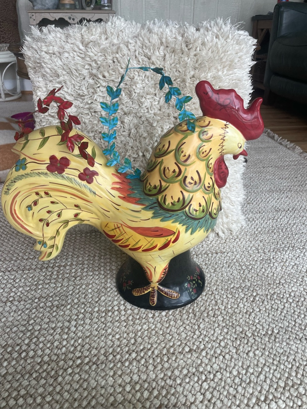 Hand-Painted ceramic Yellow Rooster Sculpture with Red, Green, teal Accents